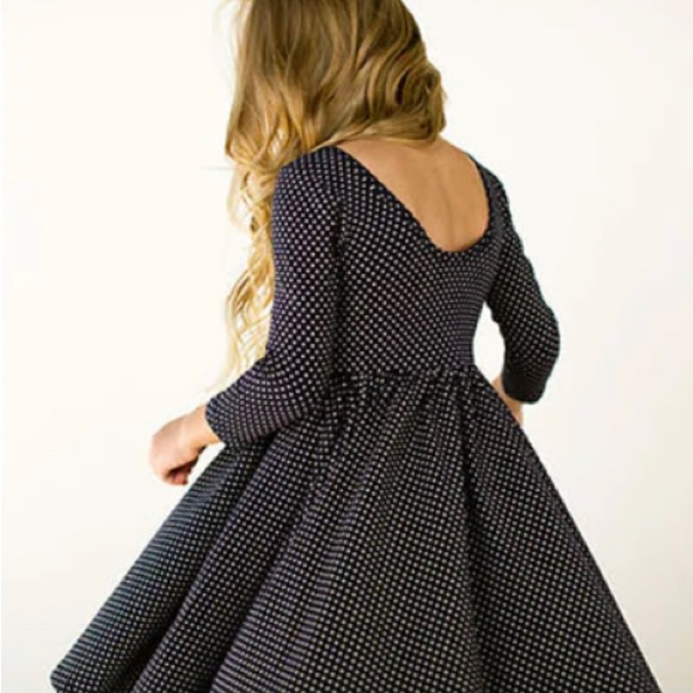 alice and ames ballet dress in navy and tan dot